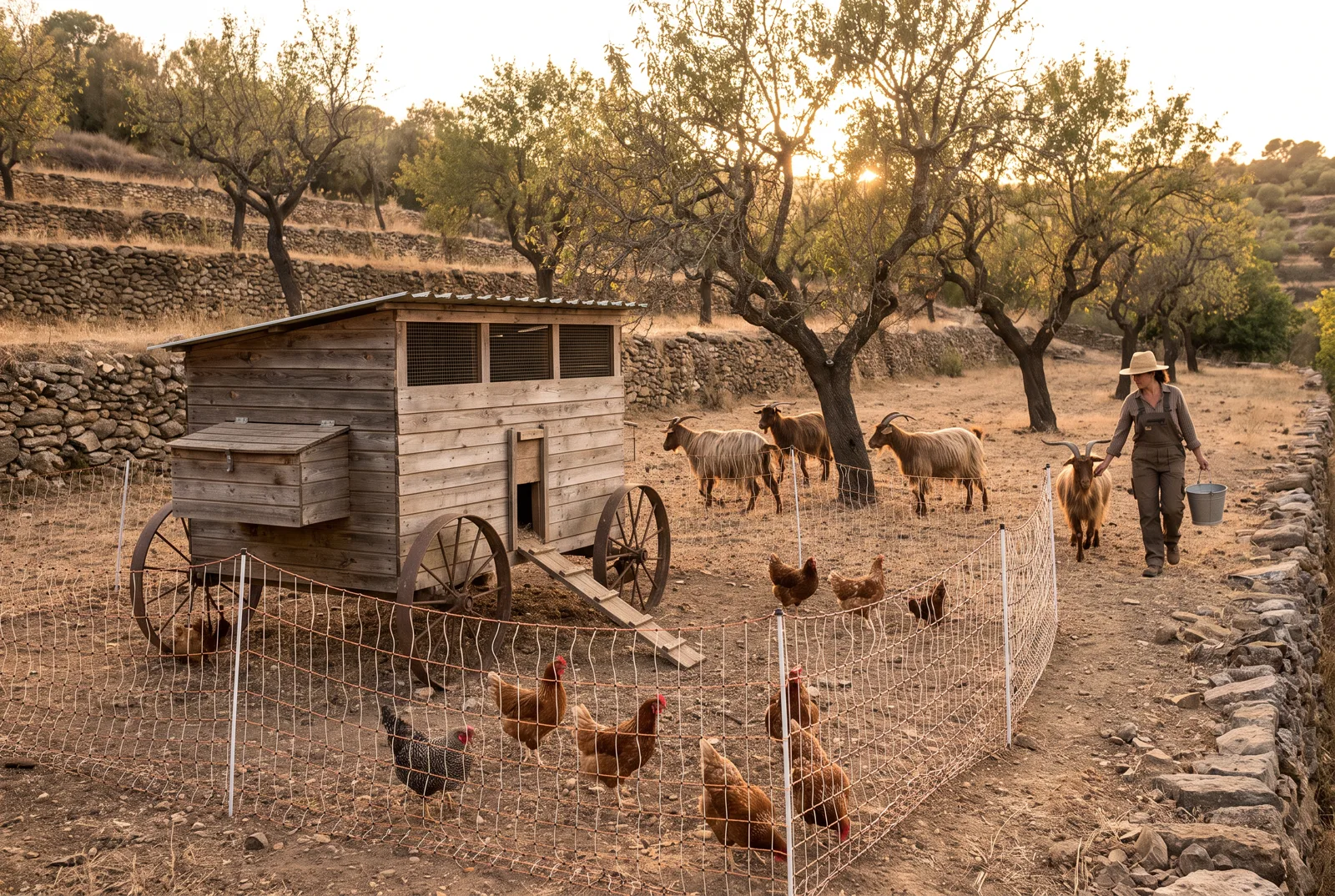 Gallinero móvil sobre pasto con gallinas camperas