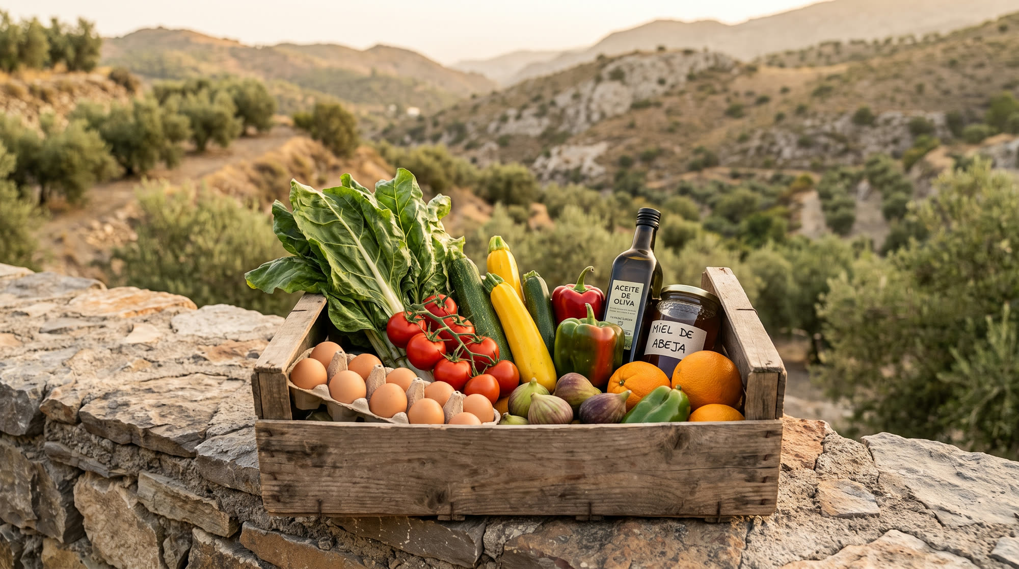 Caja de madera con verdura, fruta, huevos, aceite y miel sobre un muro de piedra, con los cerros de la Axarquía al fondo