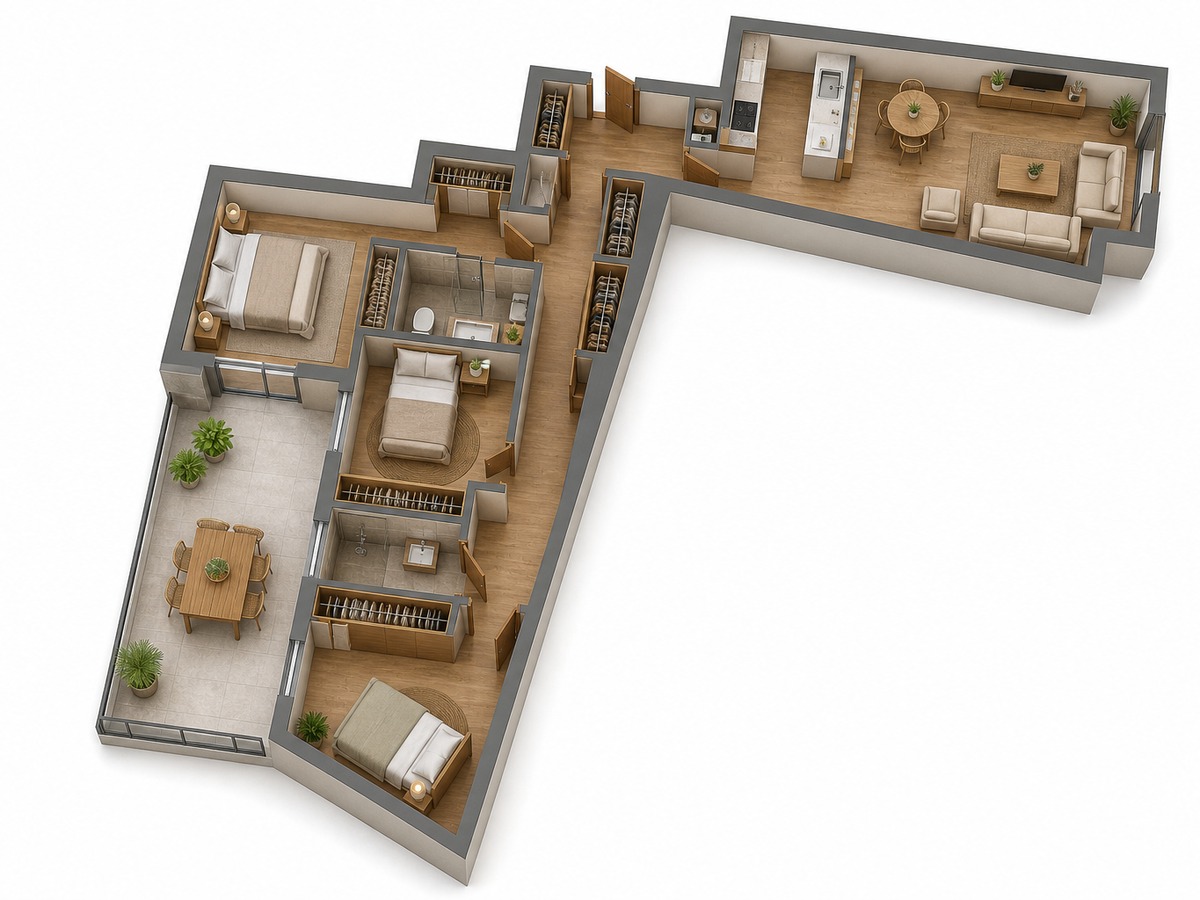 Vista 3D orientativa · 3 dormitorios 138 m² (mobiliario no incluido)