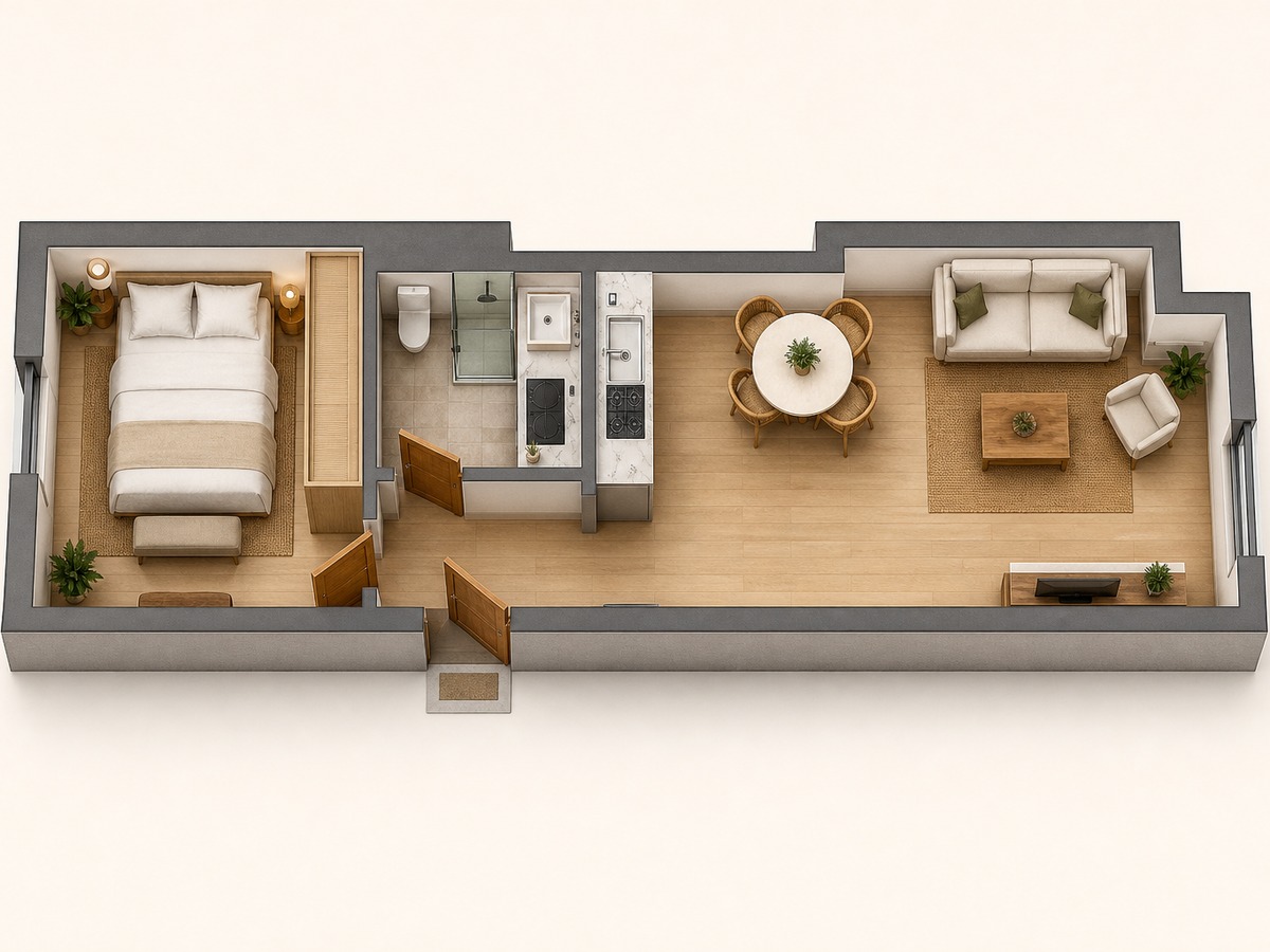 Vista 3D orientativa · Compacta 57 m² (mobiliario no incluido)